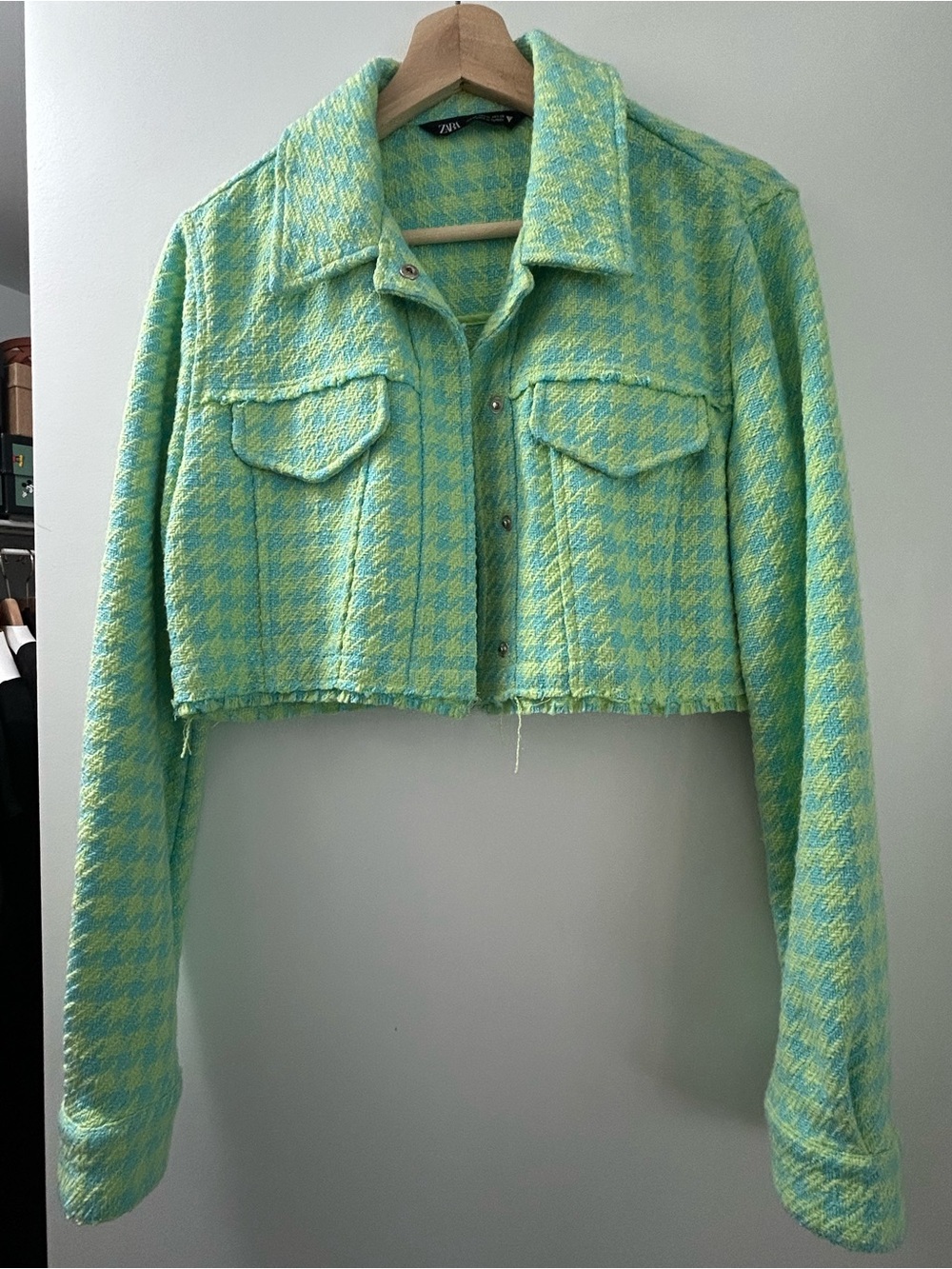 Zara Cropped Tweed Jacket in Mint & Pale Yellow Houndstooth
